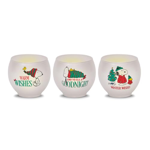 Peanuts Holiday Wishes Round Glass Votives with LED Flameless Tea Lights, Set of 3