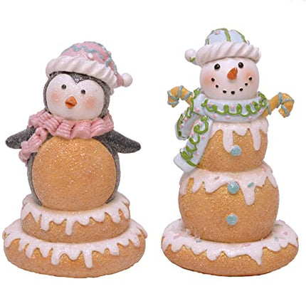 Frosted Gingerbread Snowman and Penguin Holiday Tabletop Figurines, Set of 2, 5 Inch