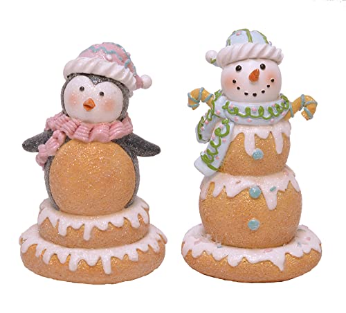 Frosted Gingerbread Snowman and Penguin Holiday Tabletop Figurines, Set of 2, 5 Inch