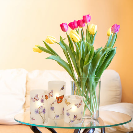 Butterflies and Wildflowers Flameless LED Glass Pillar Candles, Set of 3, 6 Inch