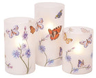 Butterflies and Wildflowers Flameless LED Glass Pillar Candles, Set of 3, 6 Inch