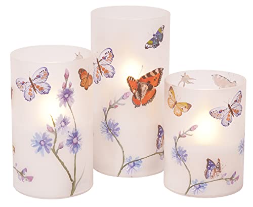 Butterflies and Wildflowers Flameless LED Glass Pillar Candles, Set of 3, 6 Inch