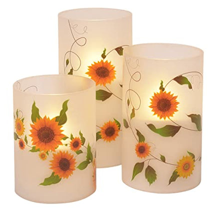Sunflower Garden Flameless LED Glass Pillar Candles, Set of 3