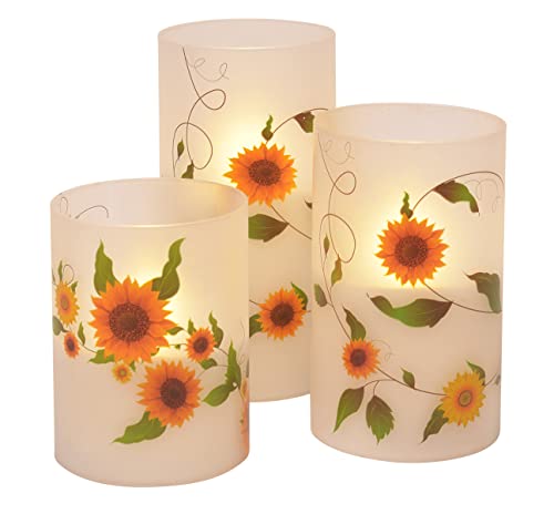 Sunflower Garden Flameless LED Glass Pillar Candles, Set of 3