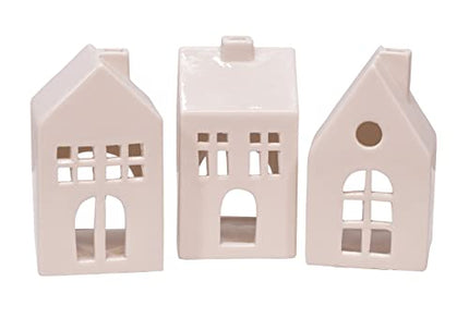 Glazed Porcelain Mini Village Houses, Set of 3, 4 Inch, White