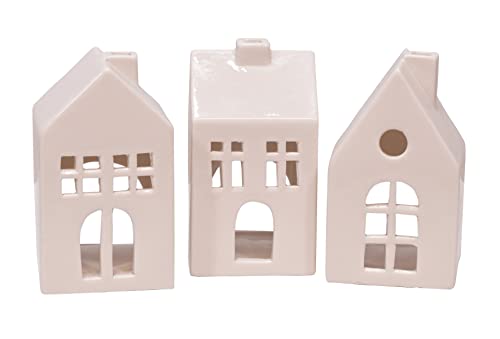 Glazed Porcelain Mini Village Houses, Set of 3, 4 Inch, White