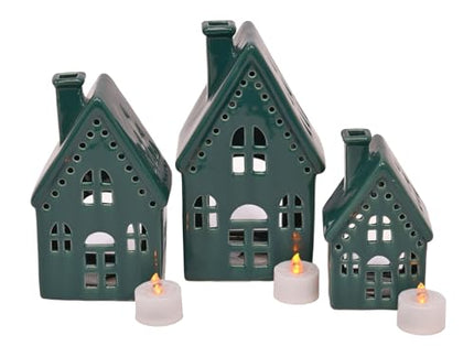 Glazed Porcelain Holiday LED Tea Light Village House Figurines, Set of 3, Deep Green