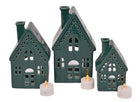 Glazed Porcelain Holiday LED Tea Light Village House Figurines, Set of 3, Deep Green