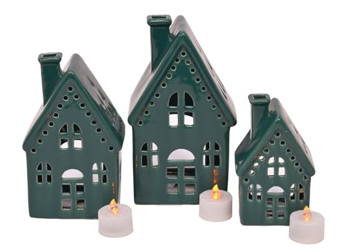 Glazed Porcelain Holiday LED Tea Light Village House Figurines, Set of 3, 8 Inch, Deep Green