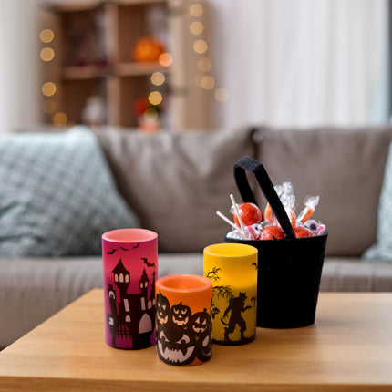 Haunted House Silhouette Flameless LED Wax Candle Pillars, Set of 3