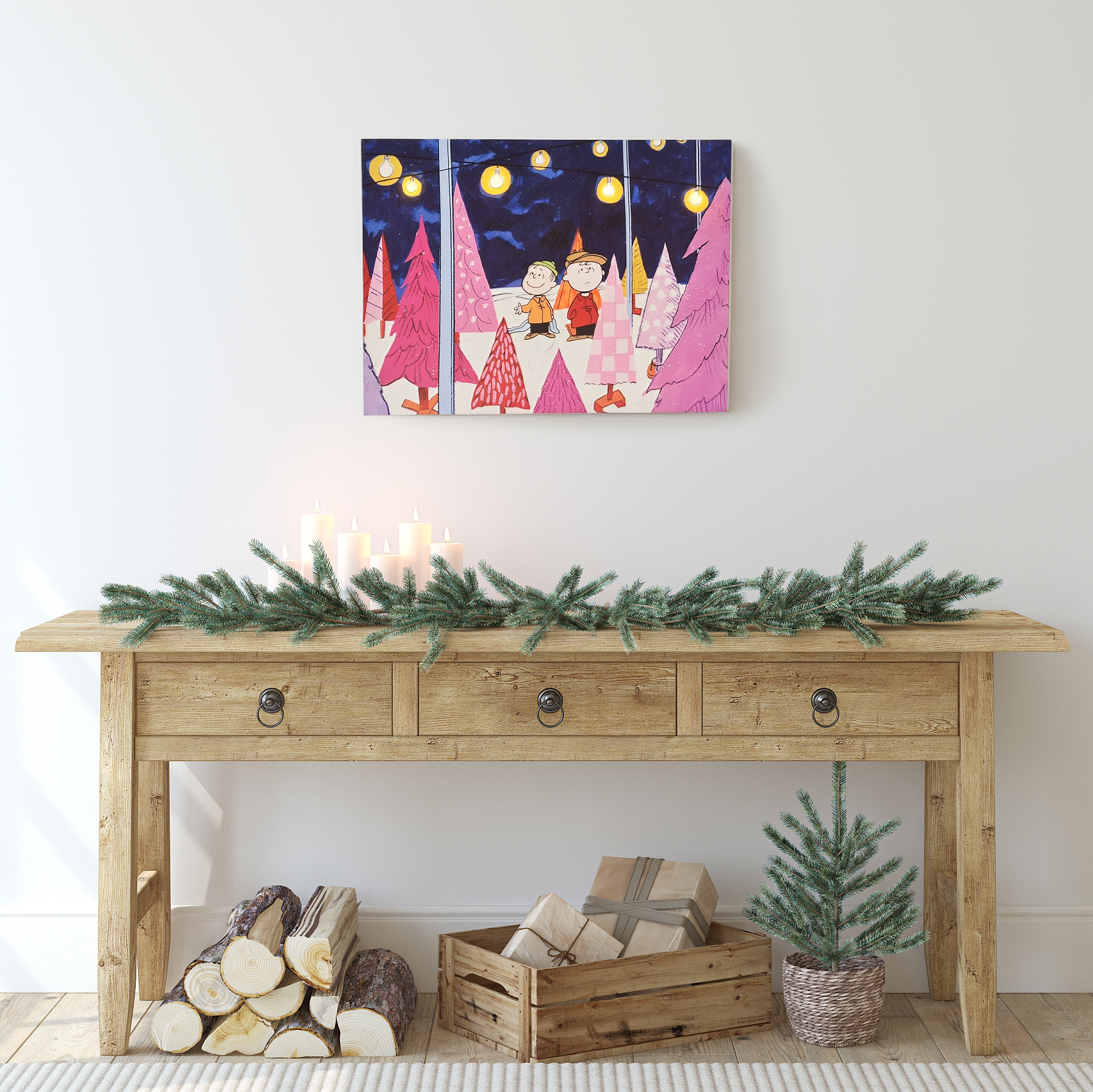 Peanuts Charlie Brown Christmas Tree Farm Holiday LED Canvas Wall Art, 12 x 16 Inch