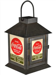 Coca Cola Vintage Advertising Flameless Pre Lit LED Metal Coach Lantern, Black, 6.5 Inch