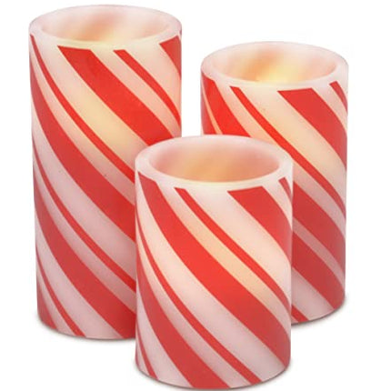 Holiday Candy Cane Stripe Flameless LED Pillar Candles, Set of 3, 6 Inch