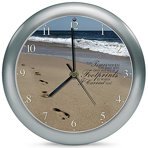 Footprints in The Sand Inspirational Three Hymn Sound Clock, 8 Inch, Silver