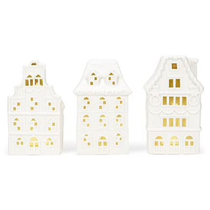 Porcelain Village Row House Holiday LED Tea Light Figurines, Set of 3, 8 x 4.5 Inch, White