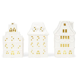 Porcelain Village Row House Holiday LED Tea Light Figurines, Set of 3, 8 x 4.5 Inch, White