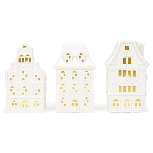 Porcelain Village Row House Holiday LED Tea Light Figurines, Set of 3, 8 x 4.5 Inch, White