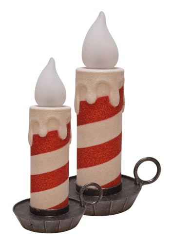 Candy Striped Holiday Flameless LED Taper Chamberstick Candles, Set of 2