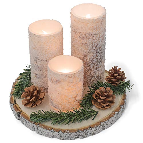 Wax and Wood Holiday Flameless LED Pillar Candles, Sugared White, Set of 3 with Base