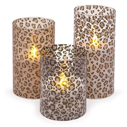 Wild Leopard Animal Print Flameless LED Glass Pillar Candles, Set of 3, 6 Inch