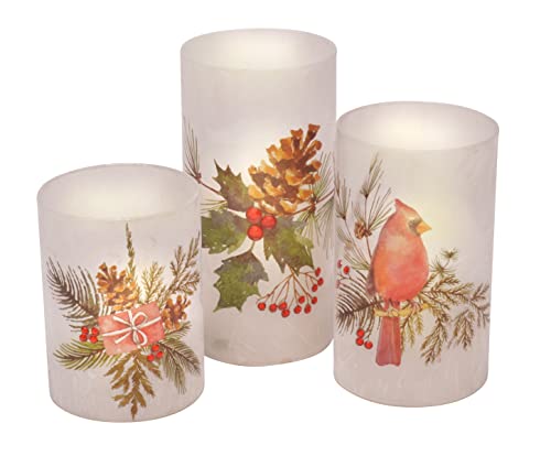 Jeweled Cardinal and Pinecones Flameless LED Frosted Glass Pillar Candles, Set of 3