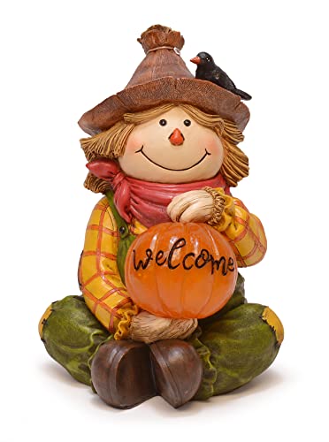Scarecrow with LED Welcome Pumpkin Tabletop Figurine, 10 Inch