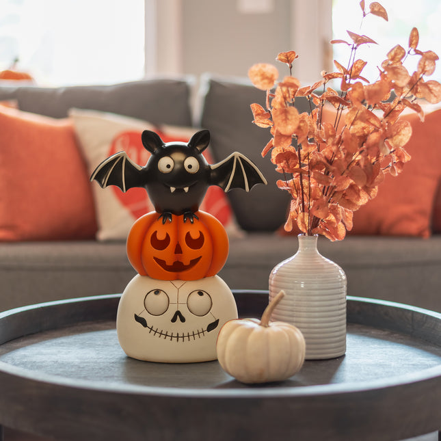 Stacked Skull Pumpkin and Bat LED Color Changing Halloween Tabletop Figurine, 12 Inch