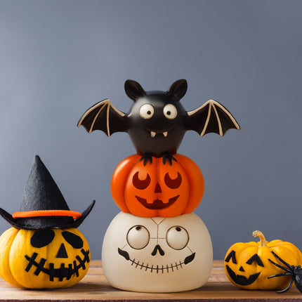 Stacked Skull Pumpkin and Bat LED Color Changing Halloween Tabletop Figurine, 12 Inch