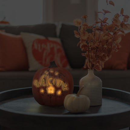 Orange Welcome Pumpkin LED Lit 7.5 Inch Resin Harvest Decor