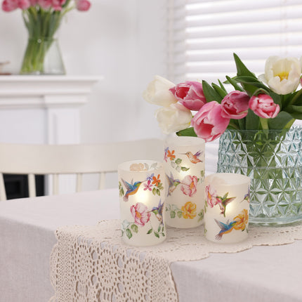 Hummingbirds and Florals Flameless LED Glass Pillar Candles, Set of 3, 6 Inch