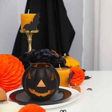 Metal Jack O' Lantern Pumpkin Flameless LED Candle Lantern, 5 Inch, Black with Gold Interior
