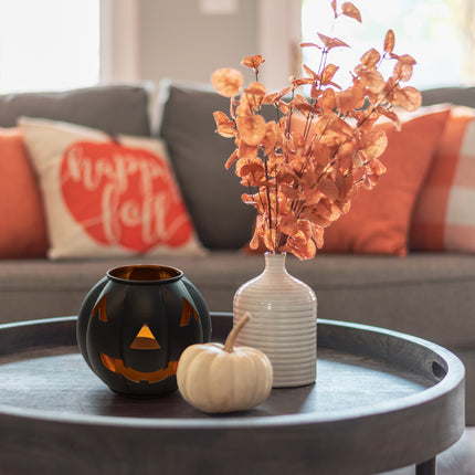 Metal Jack O' Lantern Pumpkin Flameless LED Candle Lantern, 5 Inch, Black with Gold Interior