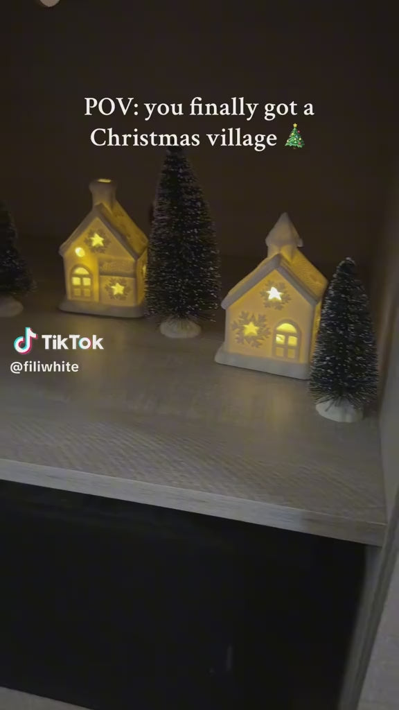 Village with Trees Unglazed Porcelain Christmas Figurines, 7 Piece Set, 5 Inch, White