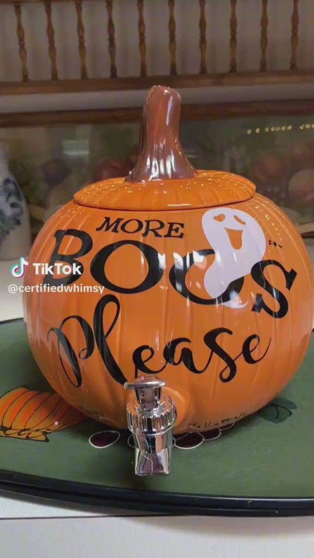 More Boos Please Pumpkin Orange Glossy Ceramic Halloween Drink Dispenser, 11 Inch
