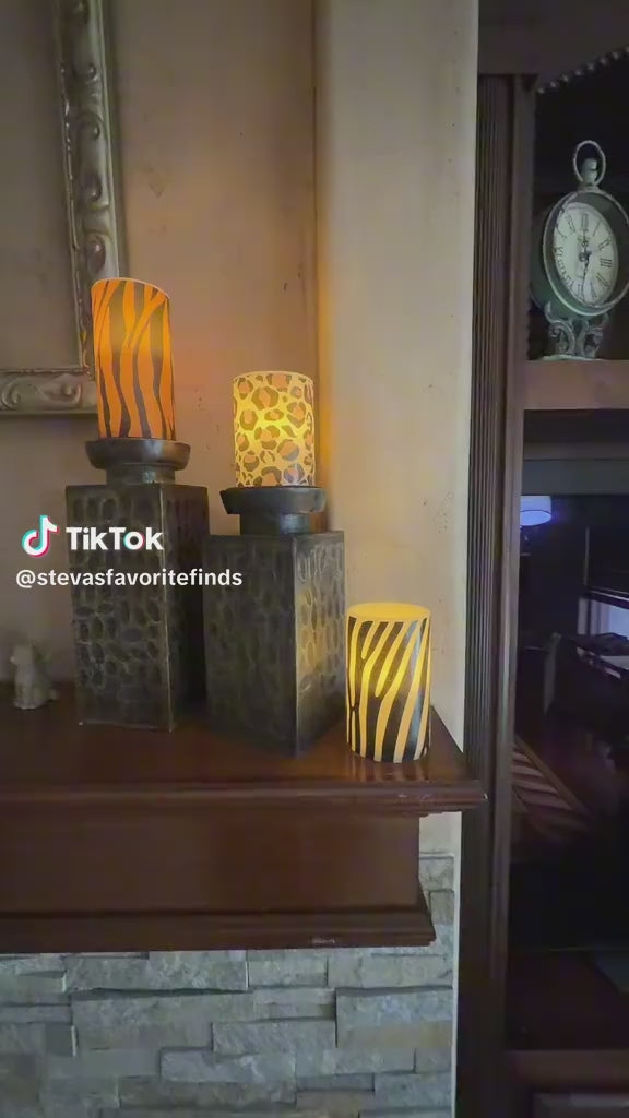 Wild Animal Print Flameless LED Pillar Candles, Set of 3, 6 Inch, Zebra, Tiger, Leopard