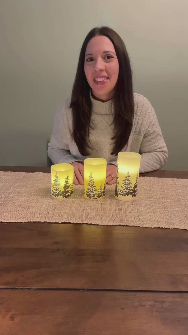 Snowy Winter Pine Forest Holiday Flameless LED Wax Pillar Candles, Set of 3