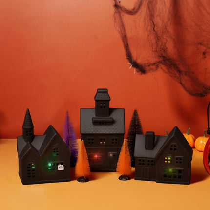 Porcelain Haunted Halloween Color Changing LED Village with Trees, 10 Piece Set, Black