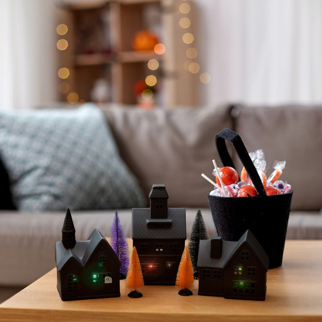 Porcelain Haunted Halloween Color Changing LED Village with Trees, 10 Piece Set, Black