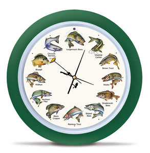 Splashing Gamefish Fishing Sounds Wall Clock, 13 Inch, Green