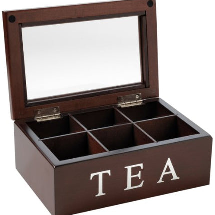 Wooden 6 Compartment Window Display Tea Storage Chest, Espresso Finish
