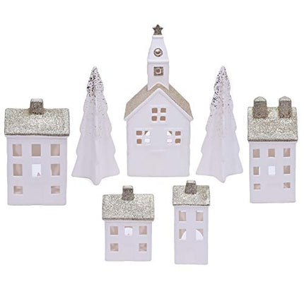 9pc Unglazed Porcelain Holiday House Village Set, 12", Champagne Glitter