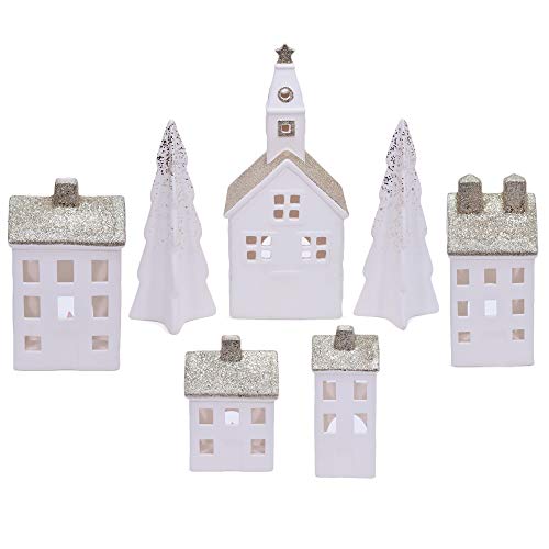 9pc Unglazed Porcelain Holiday House Village Set, 12", Champagne Glitter