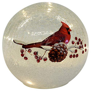 Cardinal and Pinecone Crackle Glass 6" LED Lit Tabletop Globe