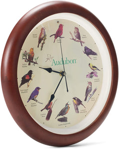 Audubon Society Singing Bird Clock, Cherry Finish Wood Frame 13"