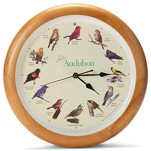 Audubon Society Singing Bird Clock, Oak Wood Frame, 13"