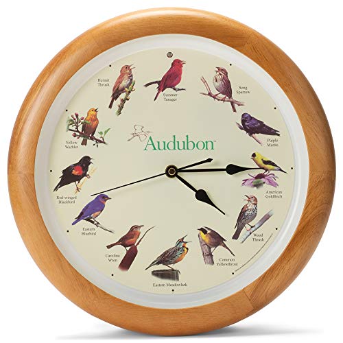 Audubon Society Singing Bird Clock, Oak Wood Frame, 13