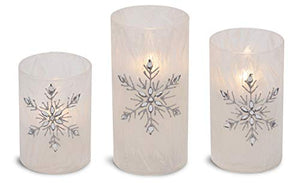 Jeweled Snowflake Iced Glass Flameless Pillar Candles, Set of 3