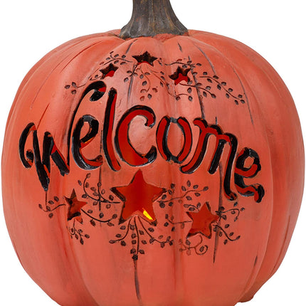 Orange Welcome Pumpkin LED Lit 7.5 Inch Resin Harvest Decor
