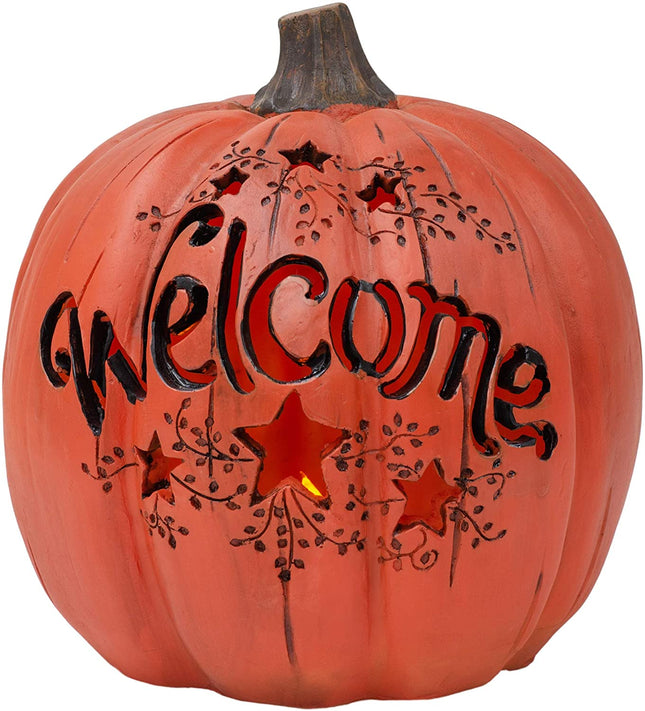 Orange Welcome Pumpkin LED Lit 7.5 Inch Resin Harvest Decor