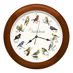 Audubon Society Singing Bird Clock, Cherry Finish Wood Frame 13"